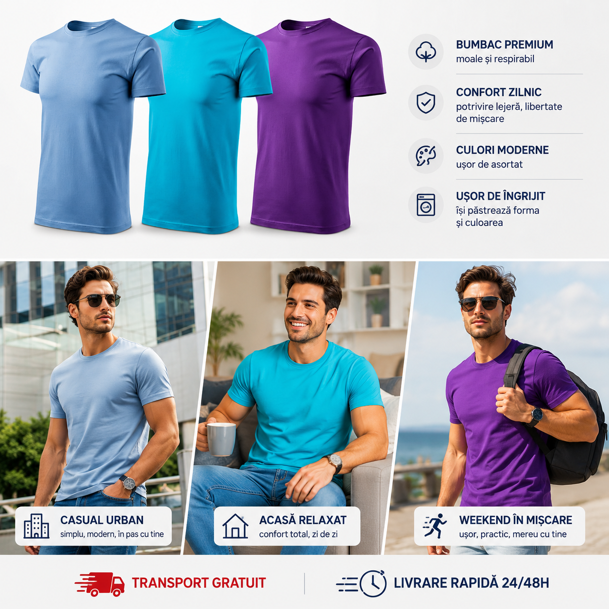 Tricouri bărbați albastru deschis turcoaz și violet din bumbac 100% pentru ținute casual